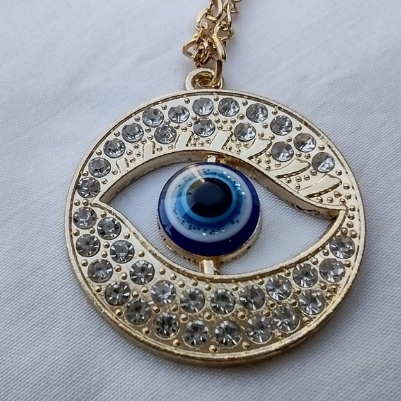 Big & Garish Gold Tone & Rhinestone Studded Evil Eye Pendant on 20" Faux Chain - Picture 4 of 8